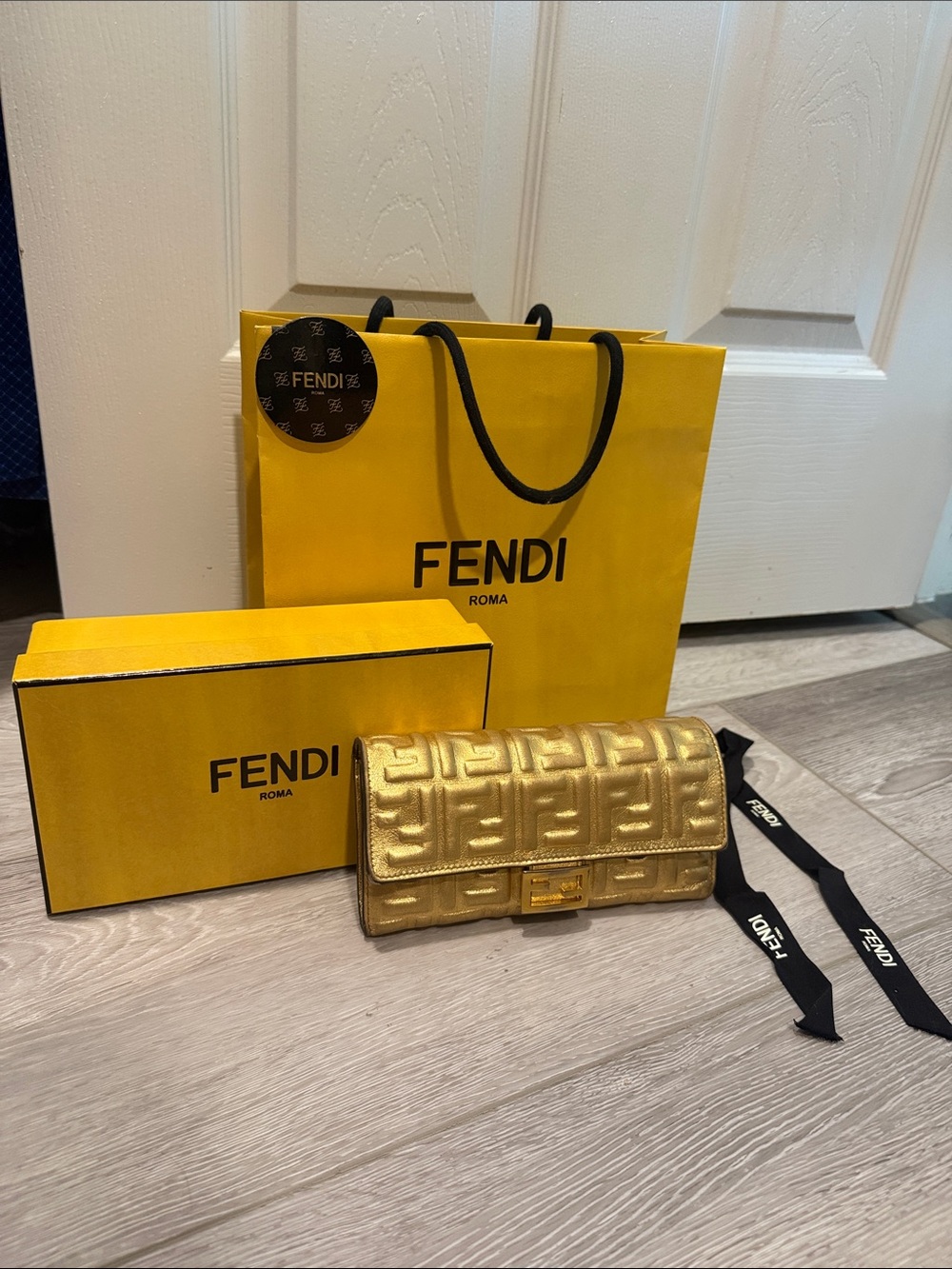 Fendi Metallic Gold Quilted FF Logo Wallet with Yellow Packaging